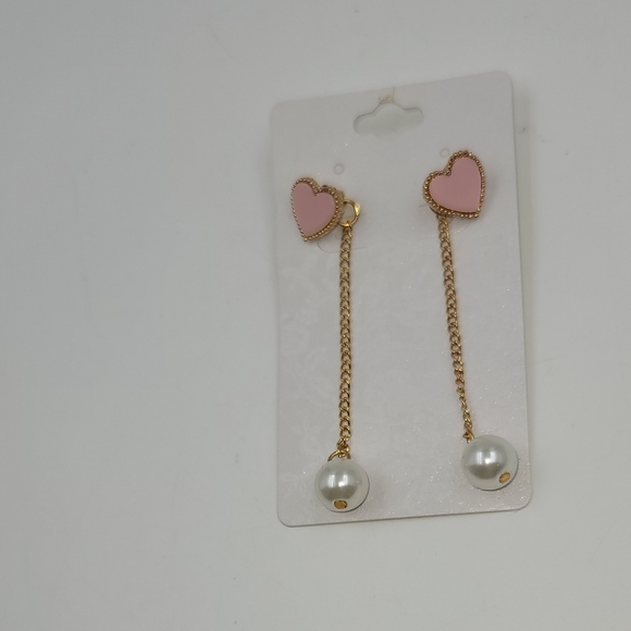 Pink Hearts and pearl dangling earrings, gold hardware - Picture 4 of 6